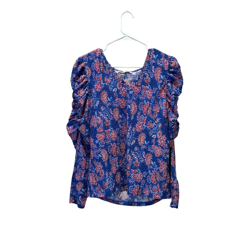 Loft Blue Floral Ruched Puff Sleeve V-Neck Blouse Top Large Boho Romantic